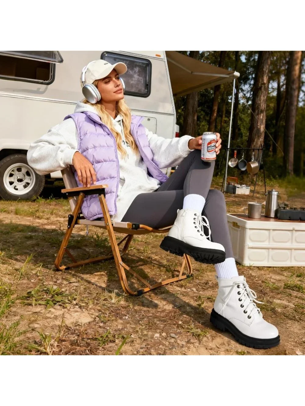 Dream Pairs Women's White Closed Toe Side Zipper Combat Lace Up Ankle Boots